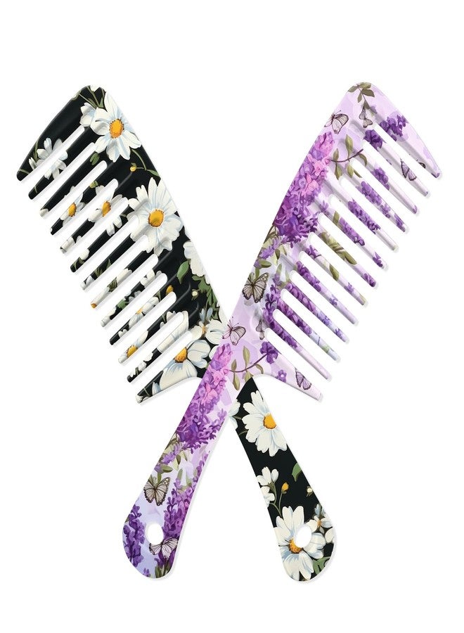 GABraden 2PCS Wide Tooth Comb,Effortless Tangle Removal for Long Hair Styling Comb for Curly,Wet,Cute Aesthetic Design for Women Men and Girls (Purple-Flowers-07) - Image 1